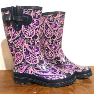 9 Rain Boots Wide Calf purple floral paisley desgn